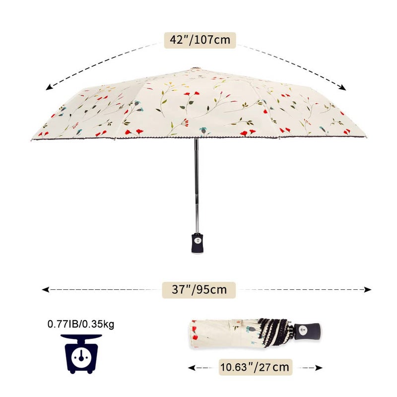 Cuby Travel Umbrella Compact Folding Auto Open and Close for Windproof, Rainproof & 99.9% UV Sun Protection Parasol with Black Anti-UV Coating (Flowers) - Image 5